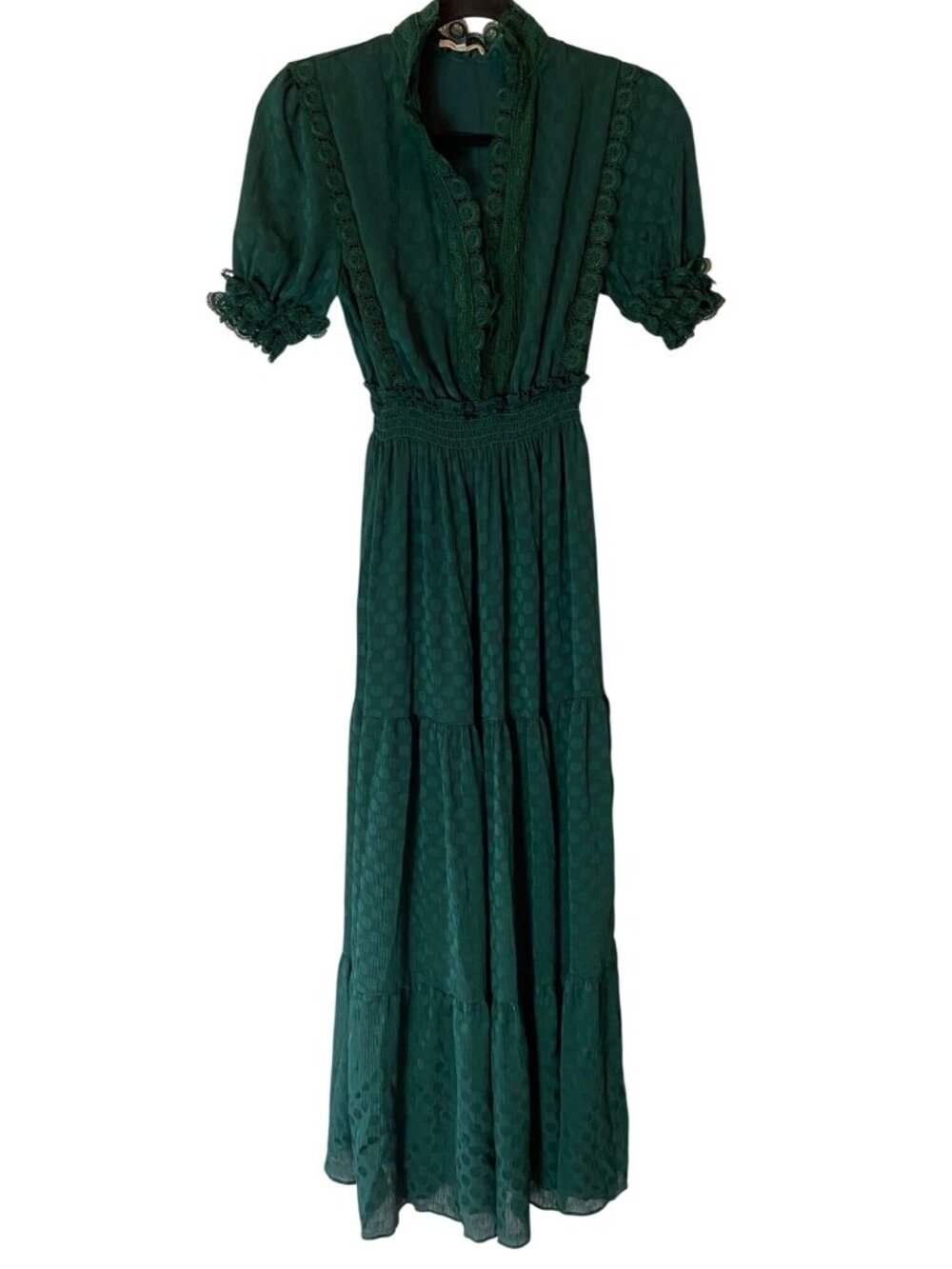 Max Studio Women’s Emerald Green Jacquard Dot Lace Trim Maxi Dress XS - Picture 3 of 12